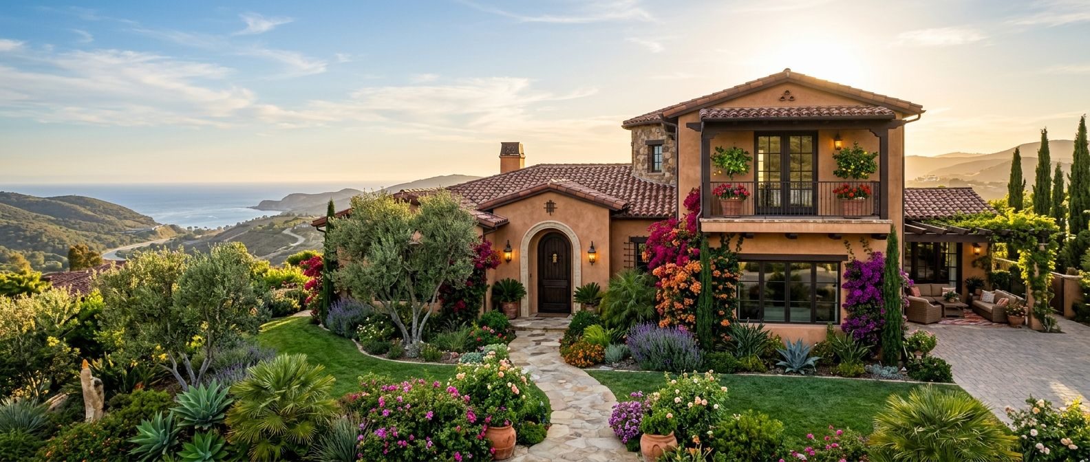 Stone and stucco villa with a flowering garden on a California hillside at sunset