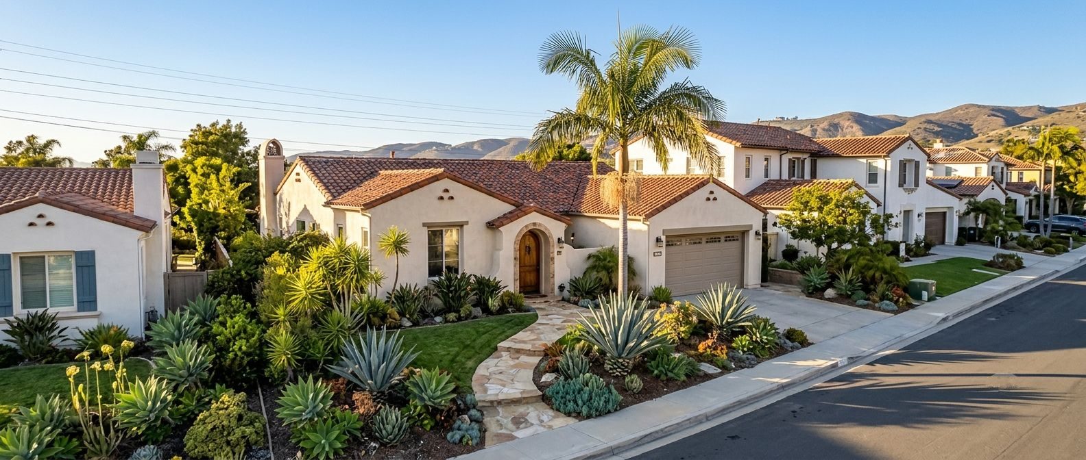 Single-story Spanish-style family home with a low-water front garden