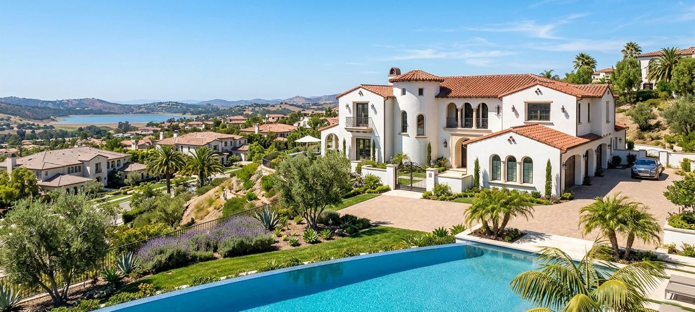 Mediterranean-style hillside home with a pool and a bay view in California