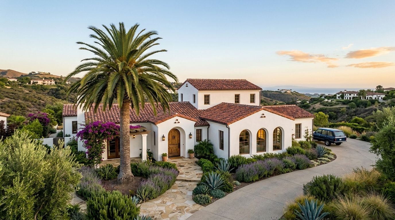 Spanish-style California home with a tall palm tree and a drought-tolerant garden