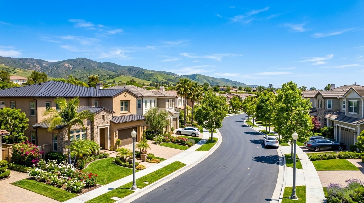 Tree-lined residential street of two-story homes below green California hills