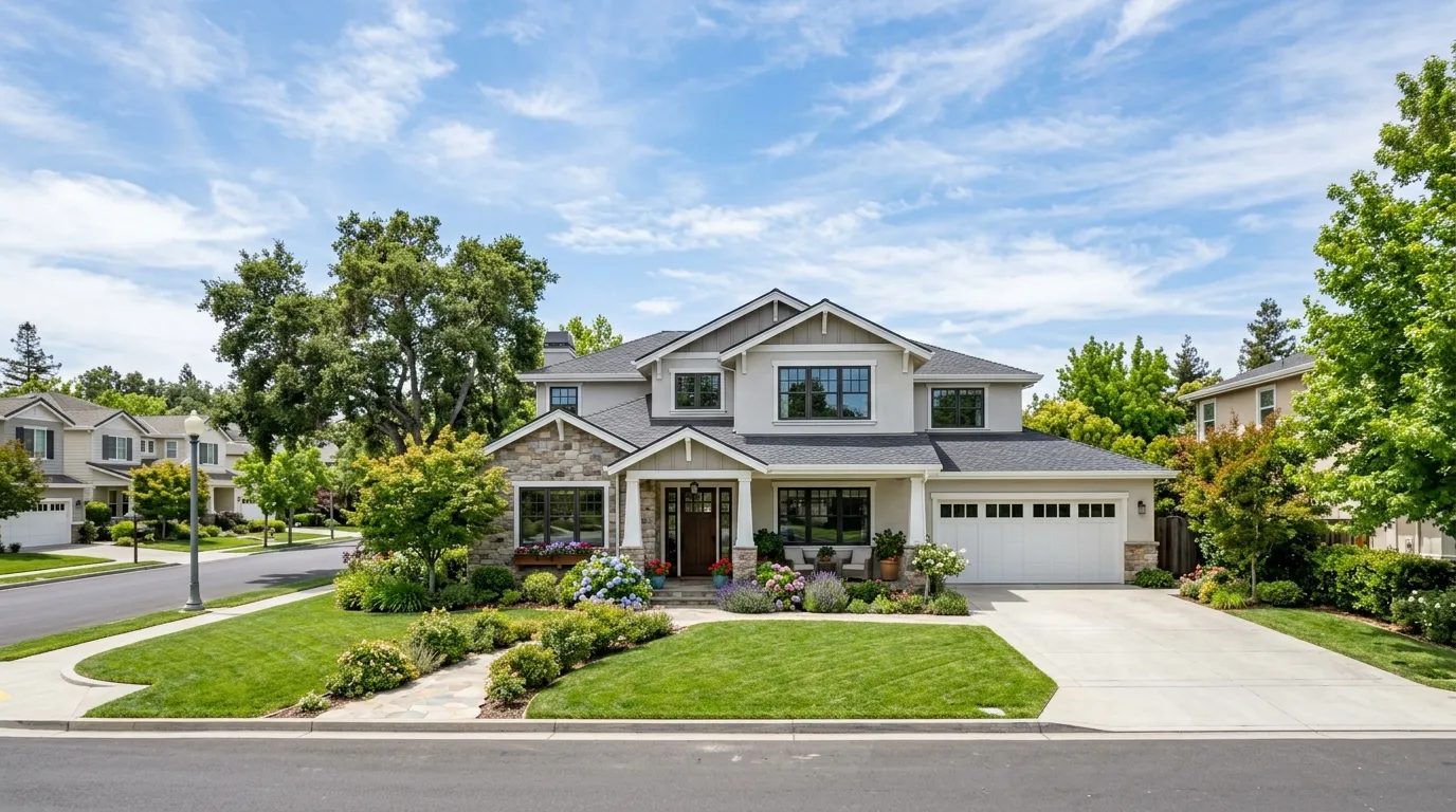 Two-story craftsman family home with a wide green lawn on a quiet, tree-lined California street