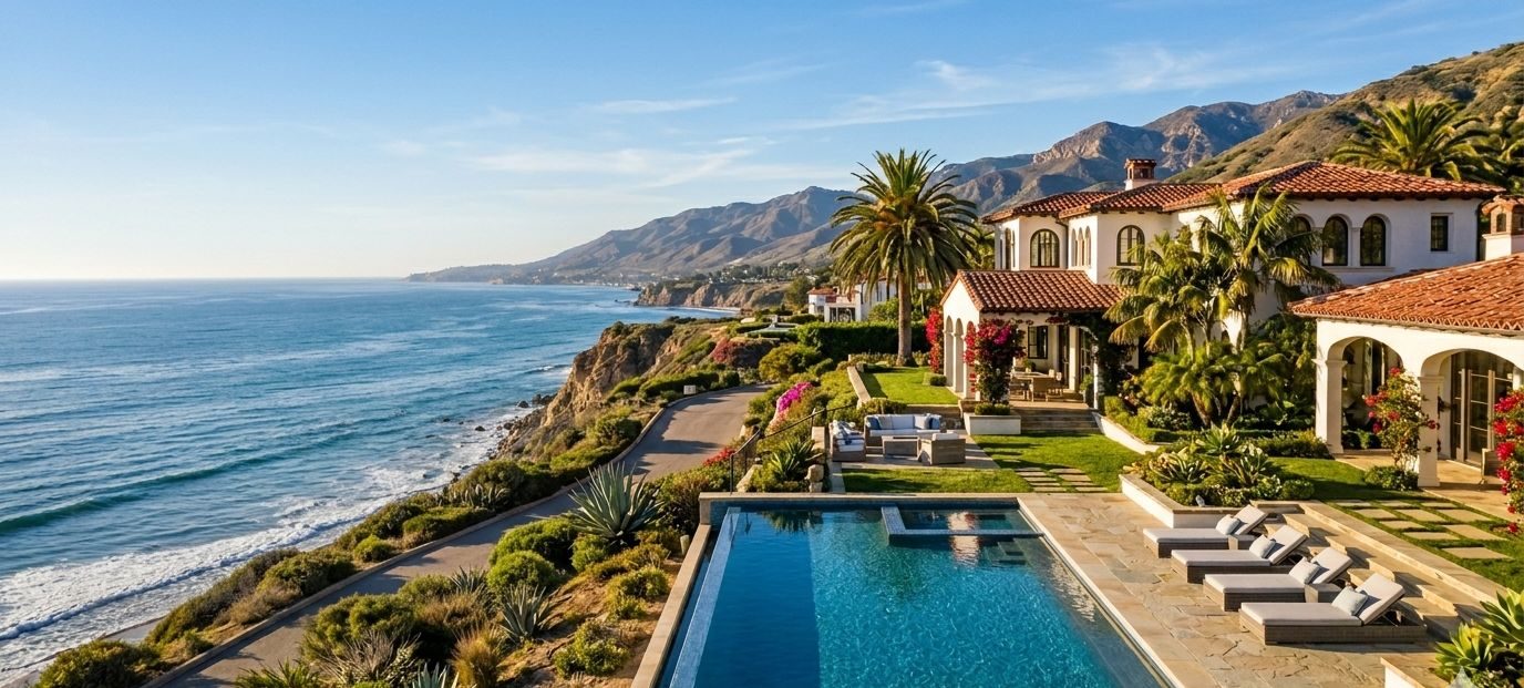 Oceanfront Mediterranean estate with an infinity pool and mountains behind it