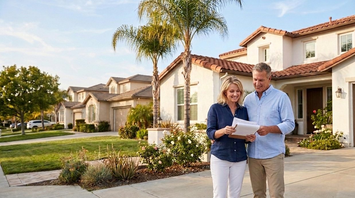 A couple outside their California home reviewing loan paperwork together