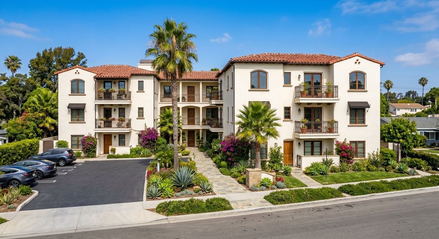 Three-story Spanish-style multi-unit residential building with palm trees