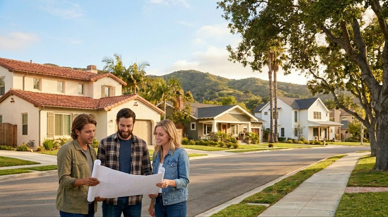 Three adults standing on a residential street in California going over a set of plans together