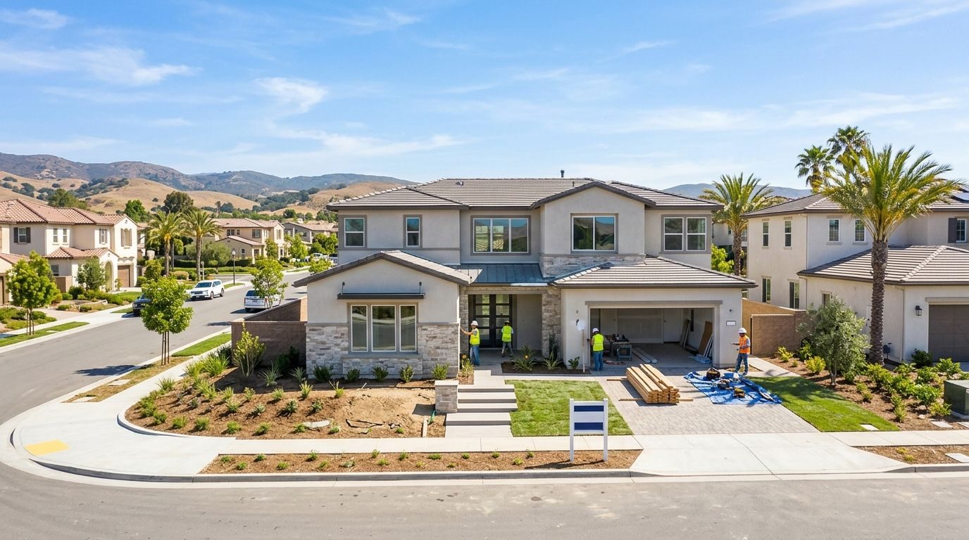 Workers finishing landscaping and exterior work on a two-story California home