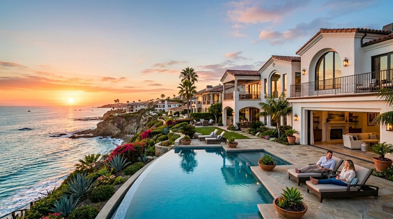 Coastal California estate with a pool and terrace overlooking the ocean at sunset