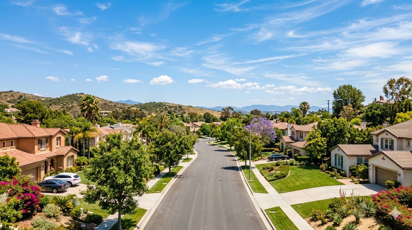 Aerial view of a quiet suburban California street lined with trees and family homes