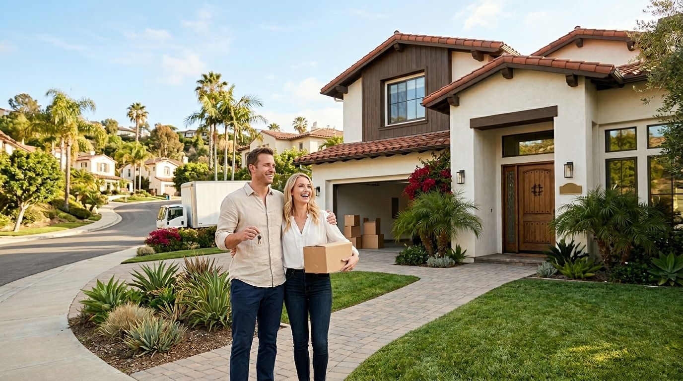A couple carrying a moving box in front of a Spanish-style California home