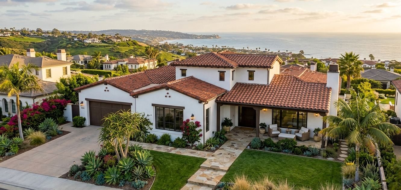 White Spanish-style home with a red tile roof and an ocean view at golden hour