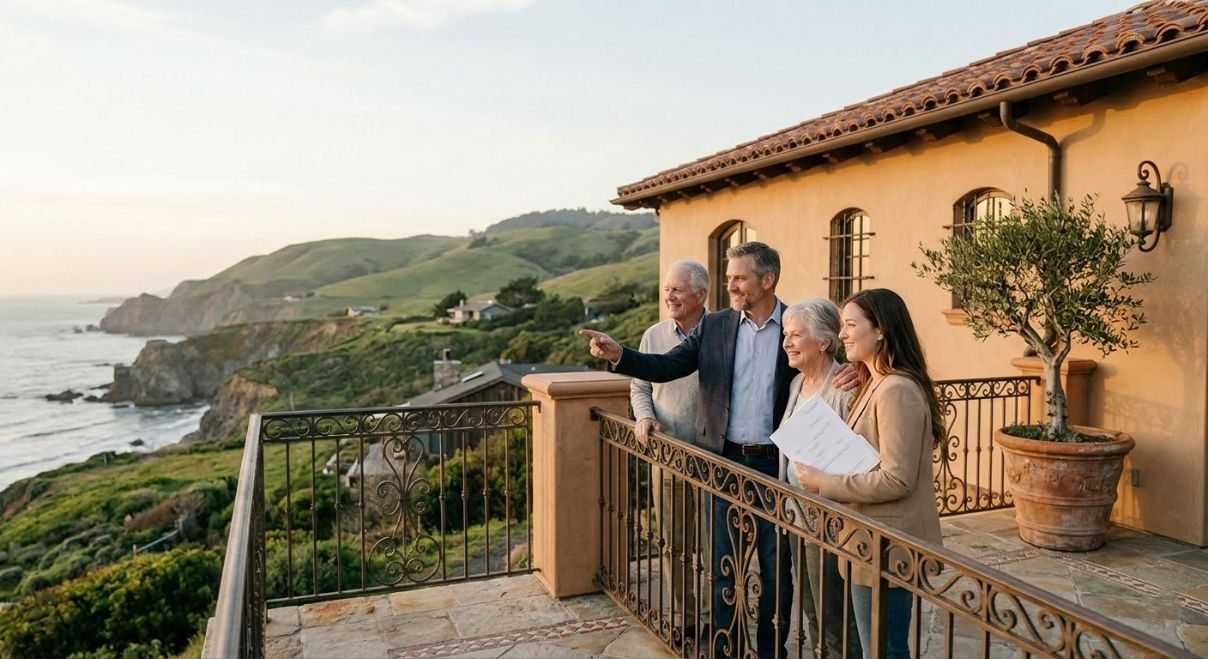 Three generations of a family on the balcony of a coastal California home looking over papers together
