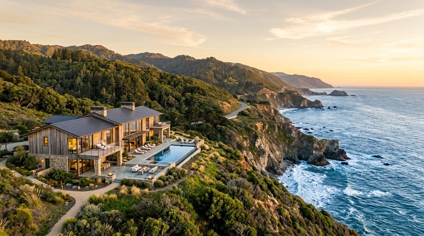 Modern home on a forested coastal bluff above the Pacific at sunset