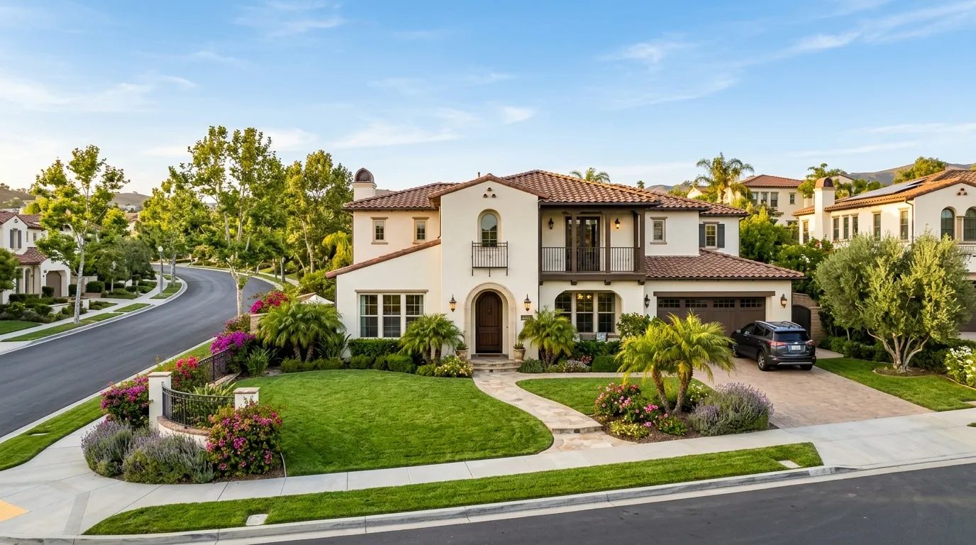 Two-story Spanish-style home on a curving, landscaped California street